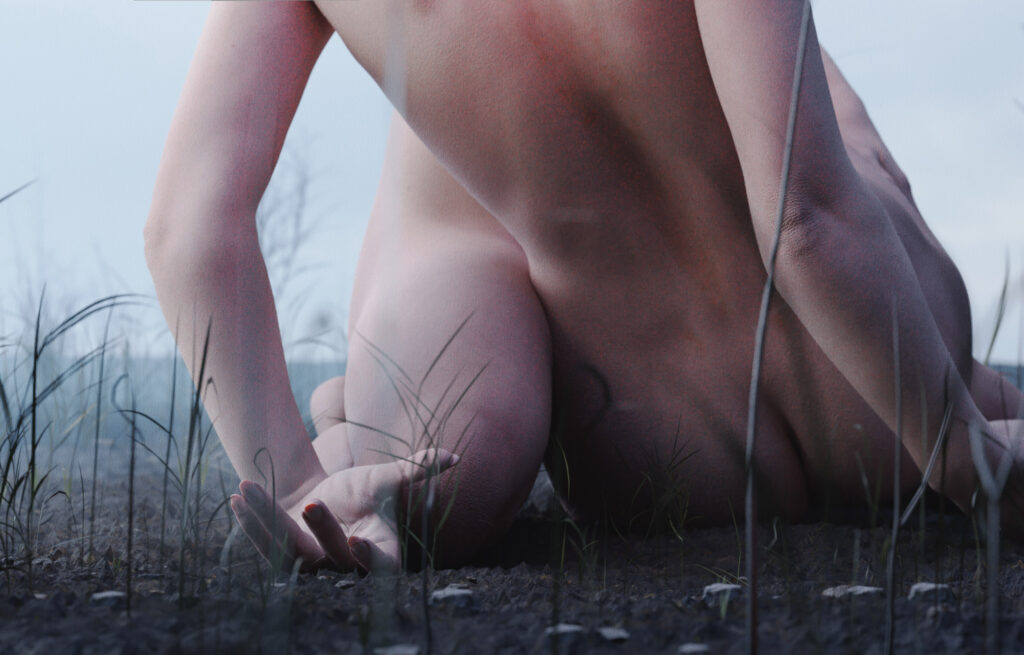 A nude figure sits amidst a serene landscape of tall grasses and a cloudy sky evoking a sense of tranquility and vulnerability.